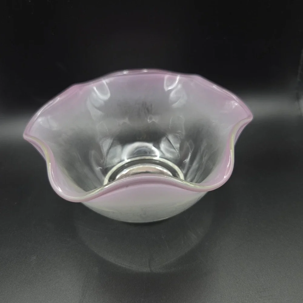 Vintage Pink Ruffle Edge Frosted‎ Art Glass Bowl Mid Century Modern Candy Dish